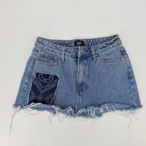 Simple Society Denim Mini Skirt Distressed Frayed Y2K Festival Low Rise
